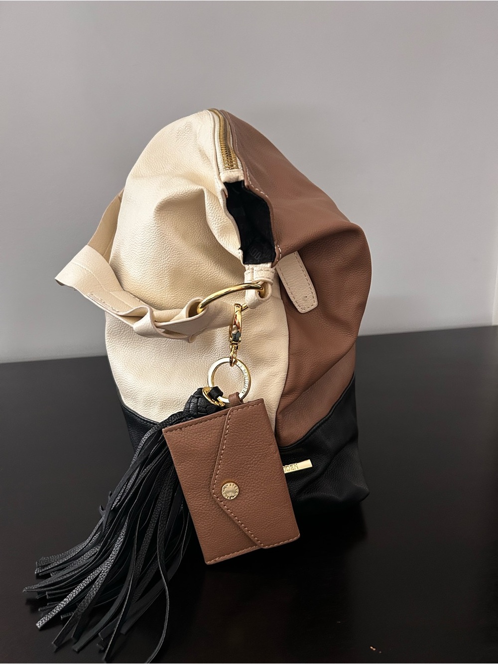 Steve Madden Cream, Brown, and Black Leather Hobo